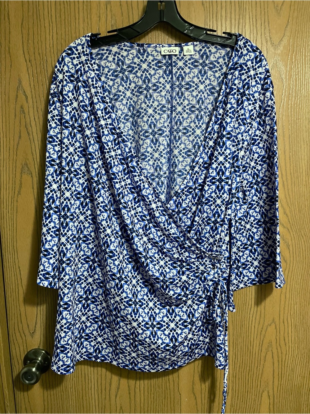 Cato Wrap Blouse with Blue and White Print